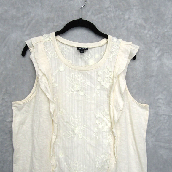 Torrid Cream Cotton Tank Ruffle Sleeve Embroidery Front Plus Size 1X Crew Neck - Picture 4 of 14